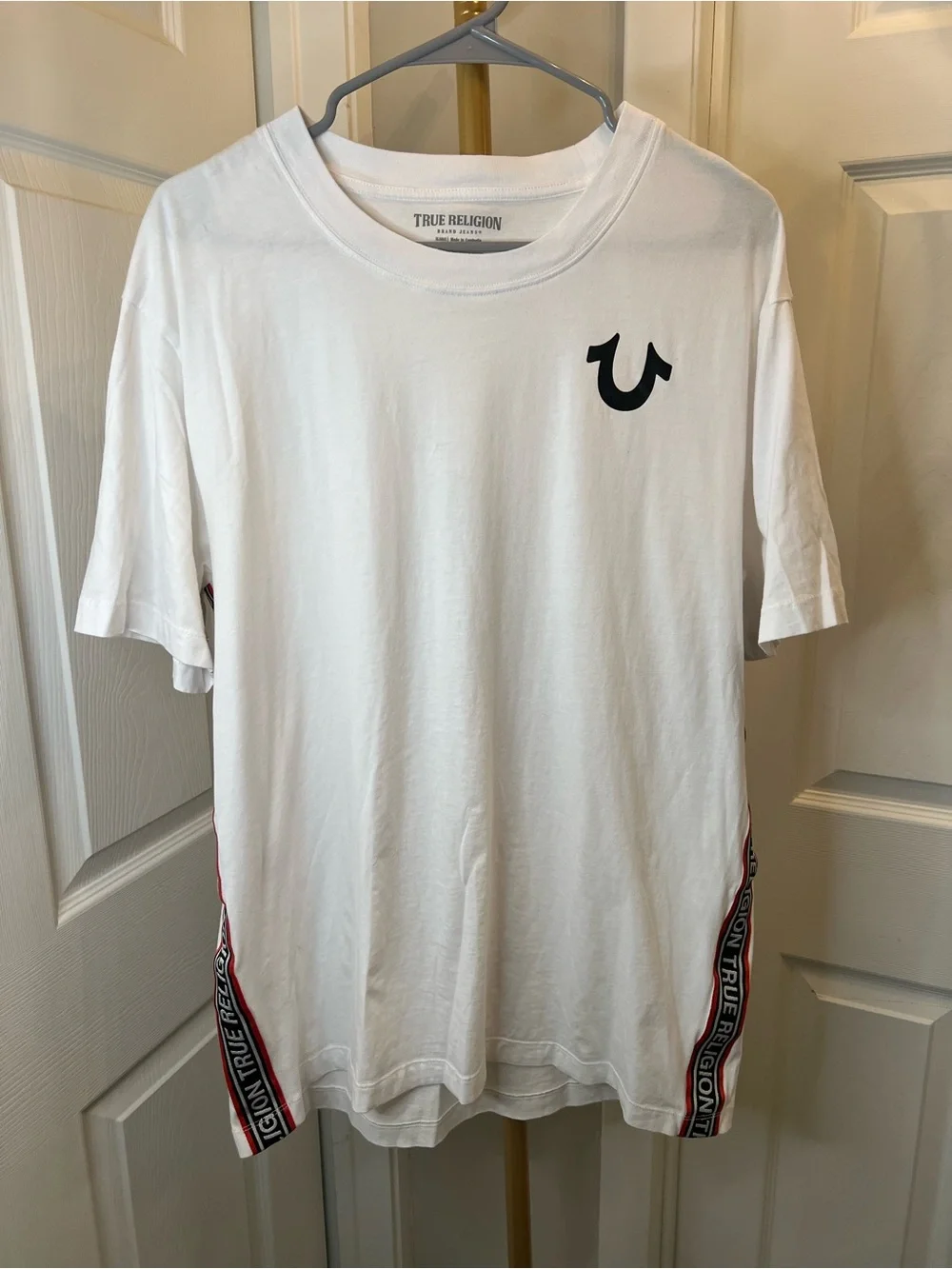 True Religion White Tee with Black Horseshoe and Red Side Tape